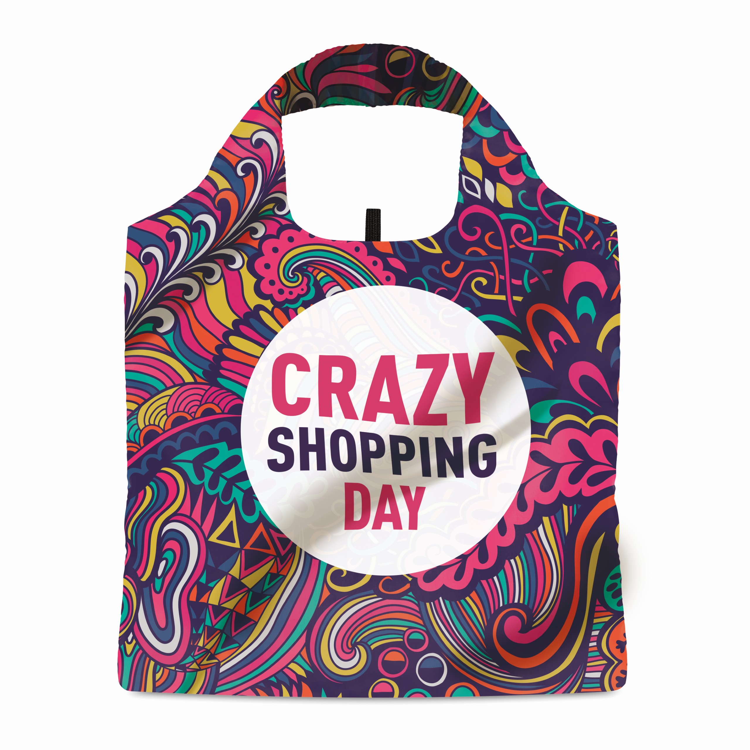 Full colour foldable RPET bag with pouch. Double layer handles