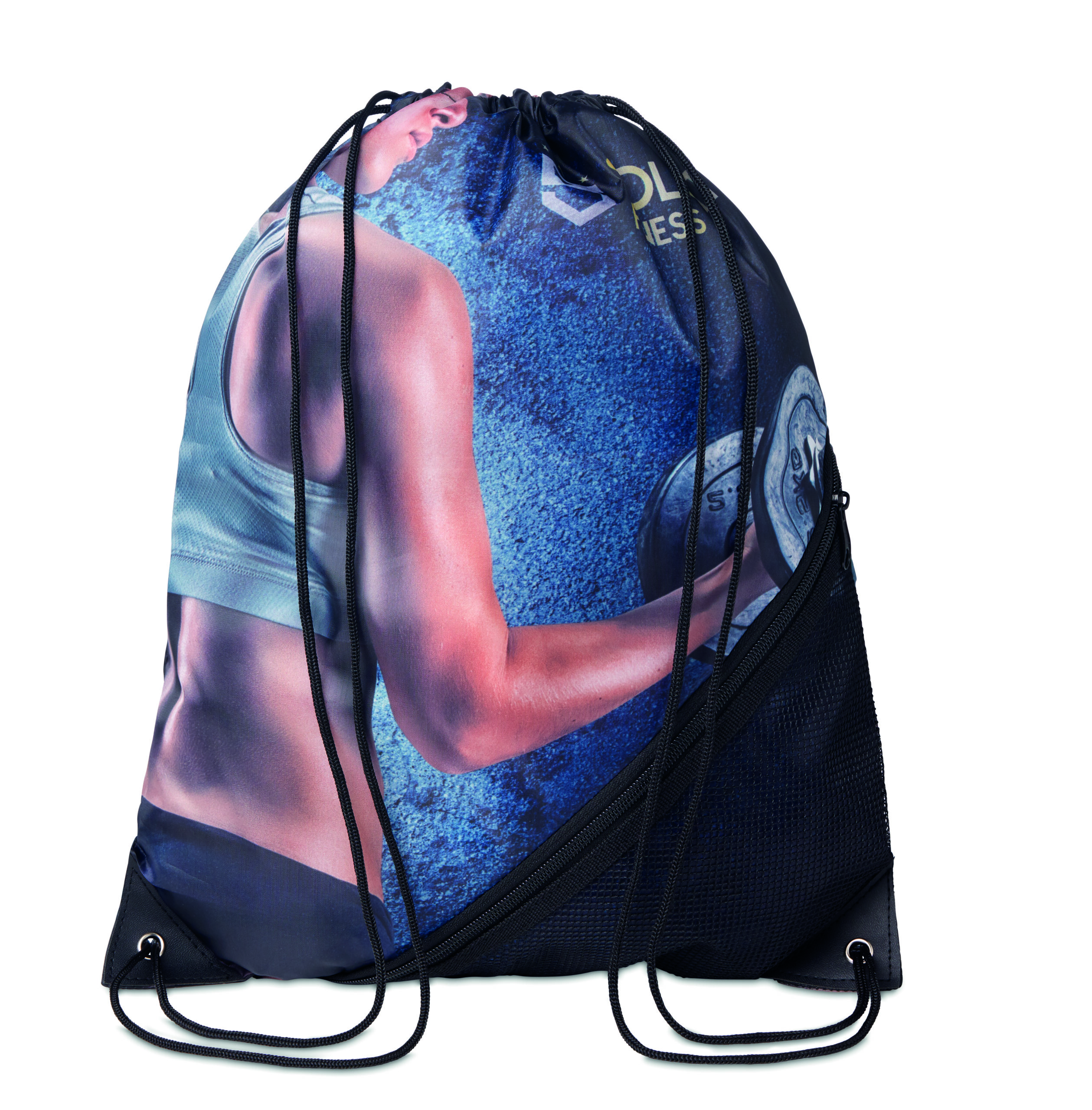 Full colour recycled PET drawstring bag with zipper and mesh pocket