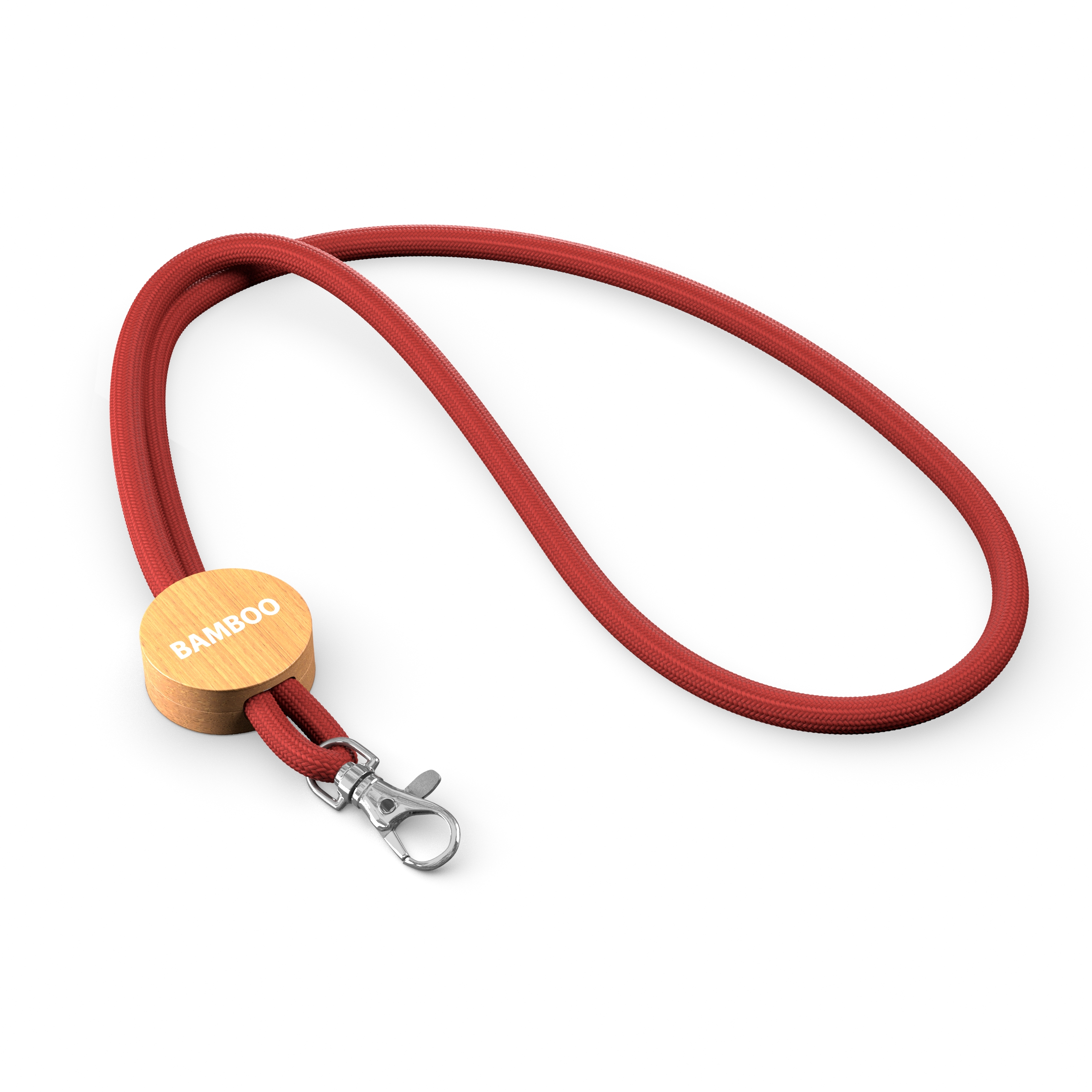 Polyester cord lanyard with a printed or engraved round shape bamboo plate