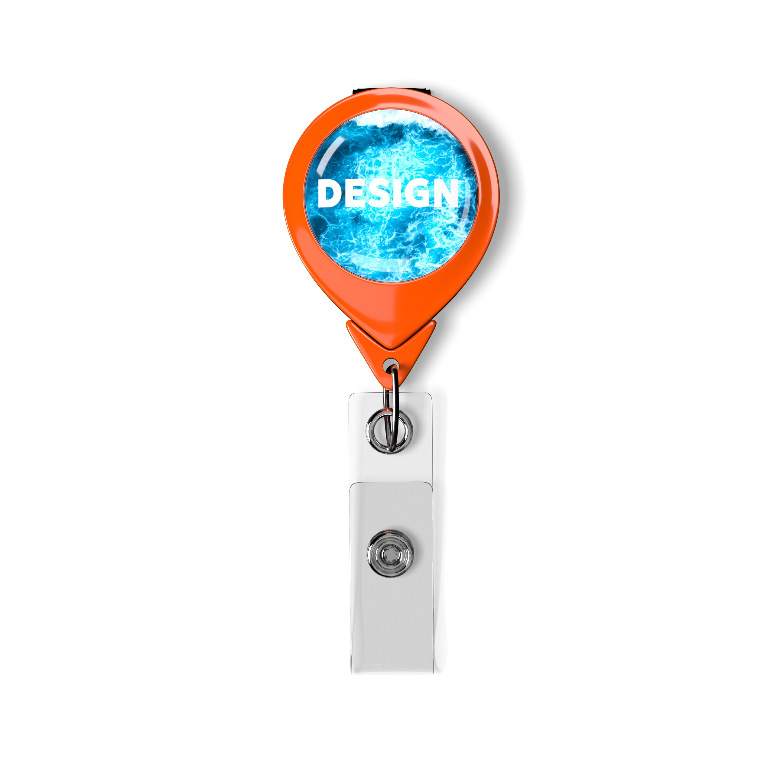 Retractable badge reel in waterdrop shape with ⌀2.5cm logo