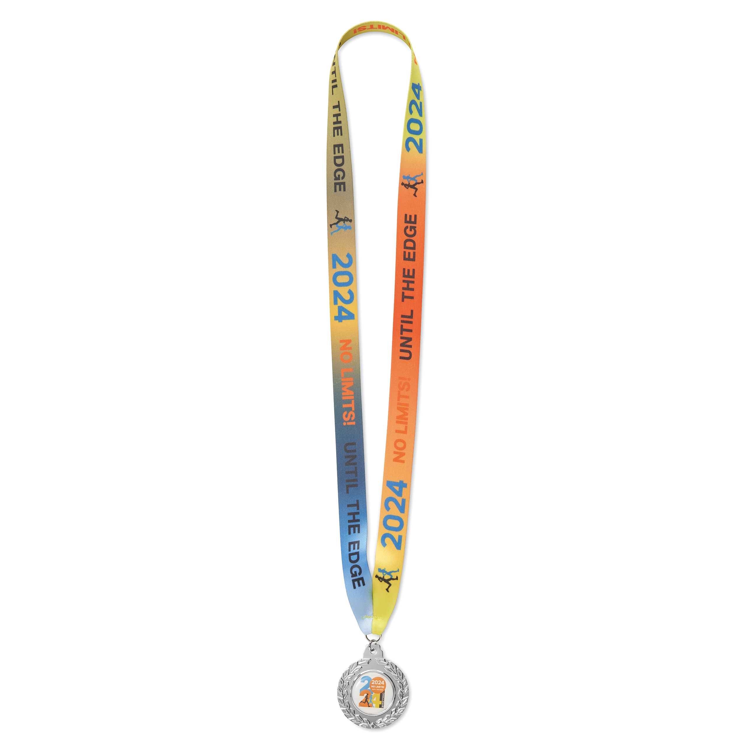 50mm iron medal with full colour doming and V stitched ribbon.