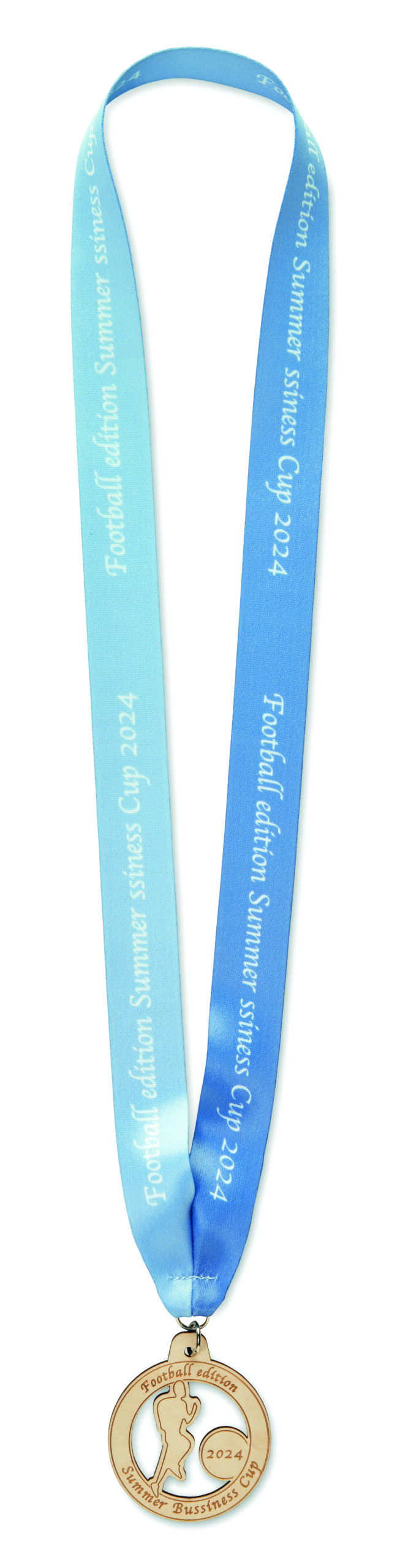 Custom shape wooden medal. V stitched.