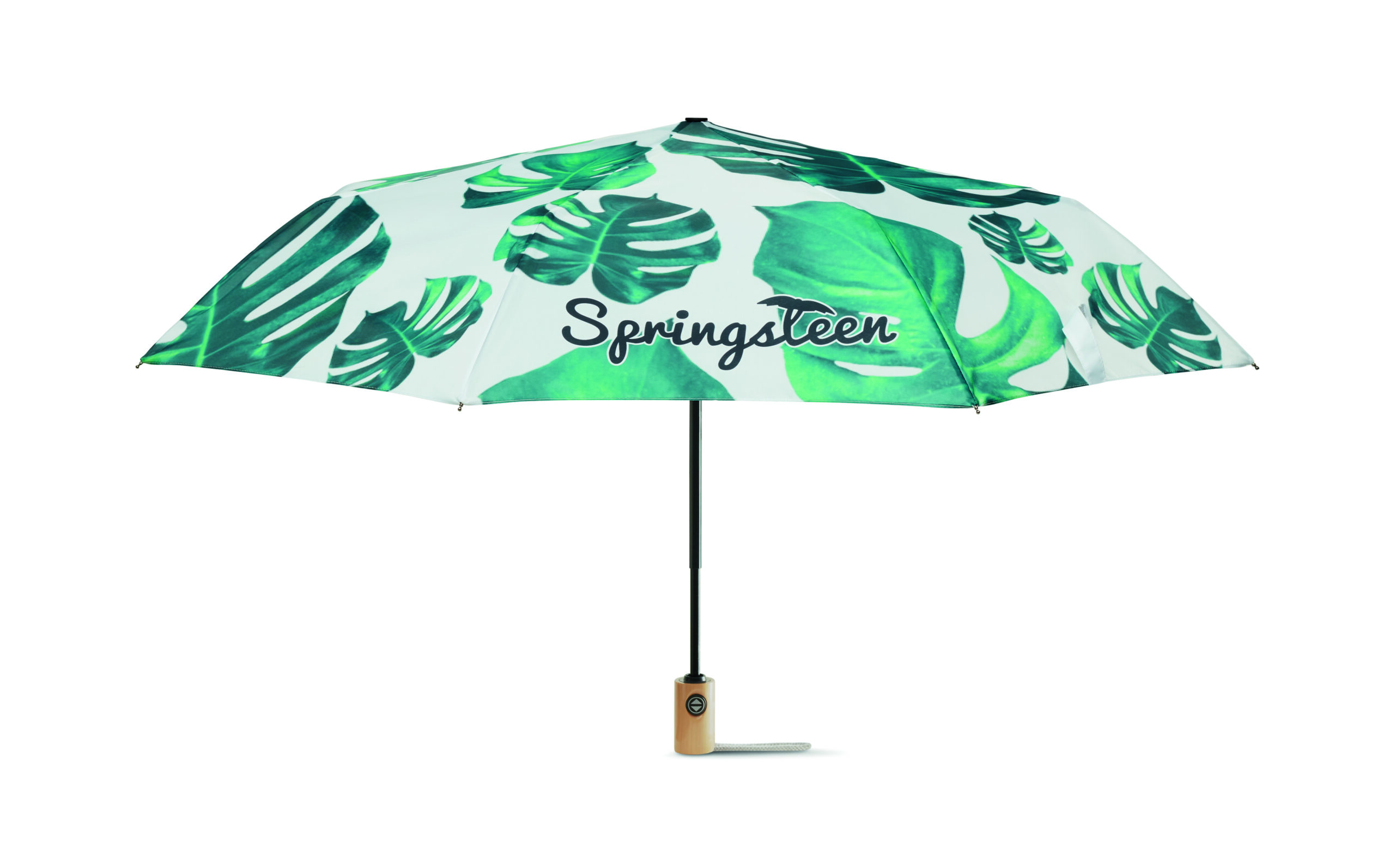 All-over printed storm umbrella. Wooden handle & auto open