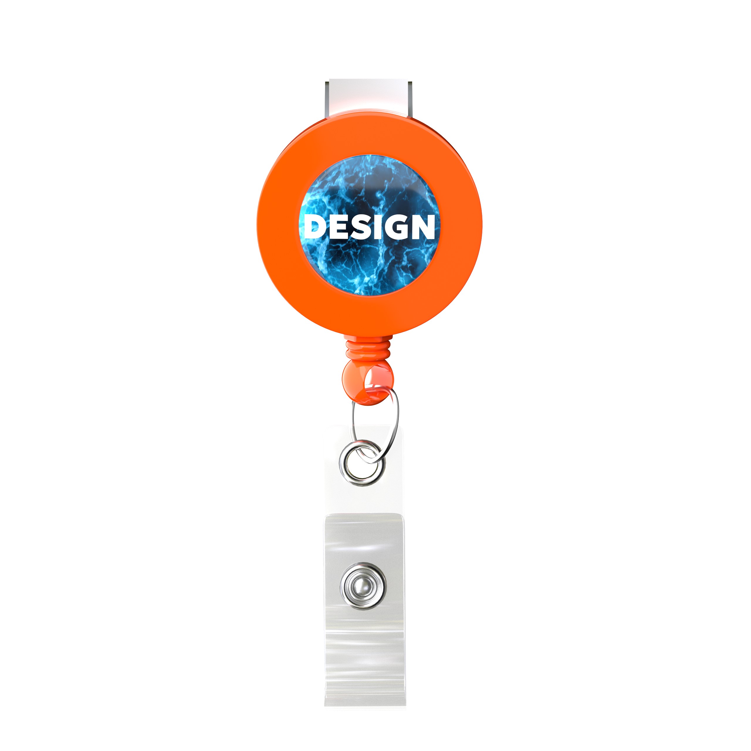 Retractable badge reel in round shape with ⌀2cm logo