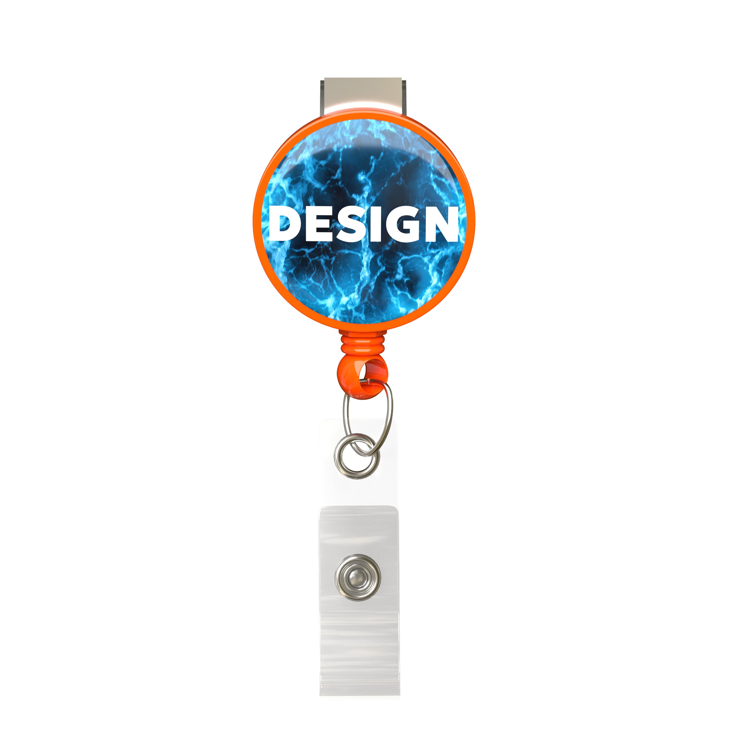 Retractable badge reel in round shape with ⌀2.8cm logo