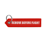 Embroidered key tag with triangular shaped end